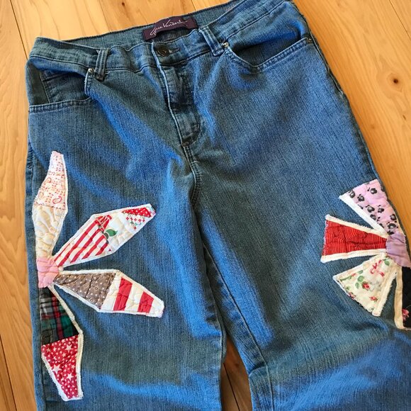 Vintage Quilt Patchwork Jeans, 10P: Upcycled Hippie Pants, Boho Festival Wear - Picture 3 of 8